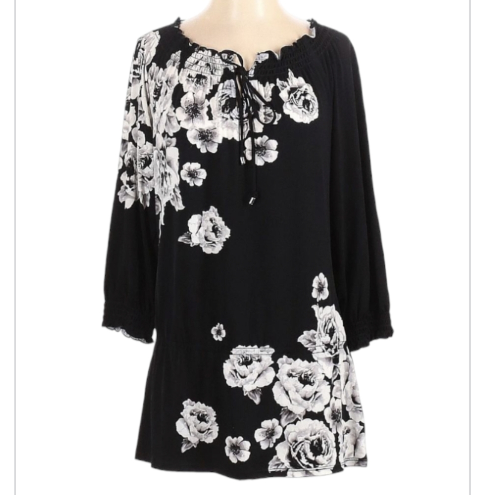 White House Black Market Womens Tunic Top Floral Blouson Peasant Cottagecore XS‎